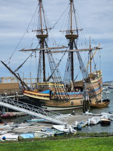 The Mayflower II, a replica of the original ship, docked at Plymouth Harbor, Massachusetts.